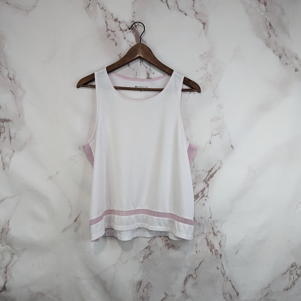 Athleta Tank Top Womens Medium Pink White Essence Mesh Crop Scoop Racerback
